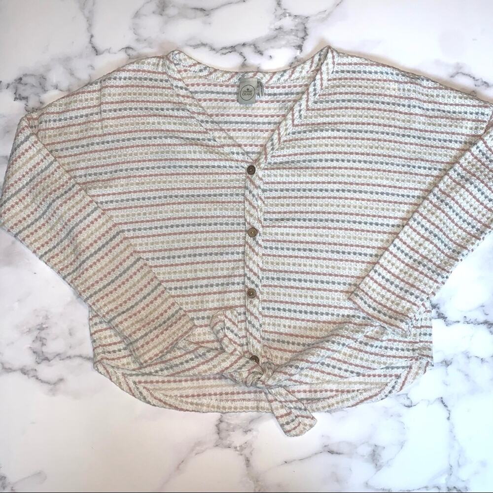 Paper Crane Cream Striped Tie Front Waffle Knit Long Sleeve Top Size: Small